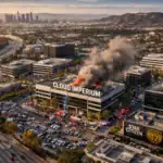 ** Building on fire with smoke billowing, surrounded by cityscape and traffic.