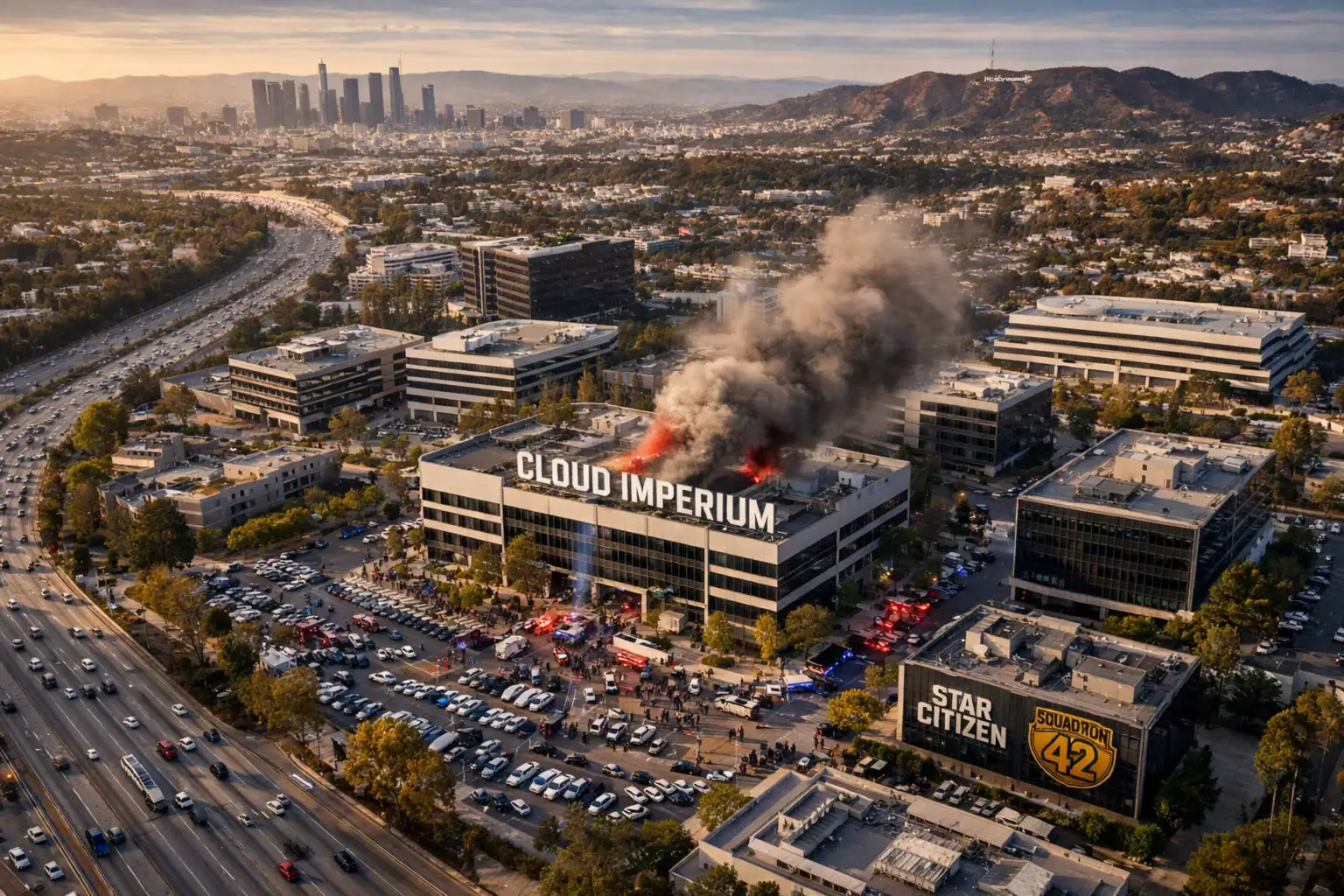 ** Edificio de Cloud Imperium en llamas, humo denso sobre Los Ángeles.