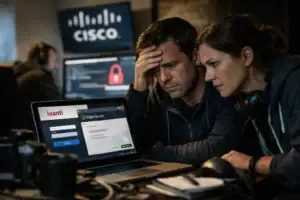 Two people focused on a laptop, displaying security software in a dark office setting.