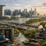 Vista panorámica de una ciudad moderna con elementos tecnológicos integrados.