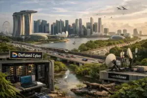 Futuristische Stadtszene mit Technologien und Natur am Wasser.