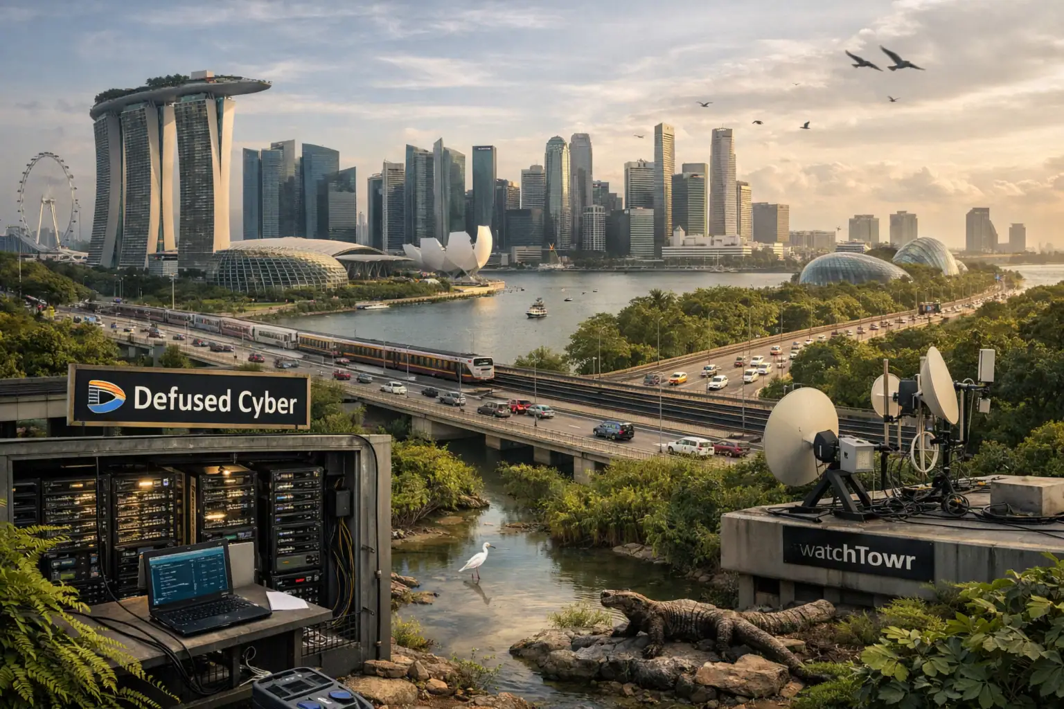 Modern city skyline with technology installations alongside a river.