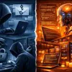 Scene split between a hacker and an AI, representing cybersecurity themes.