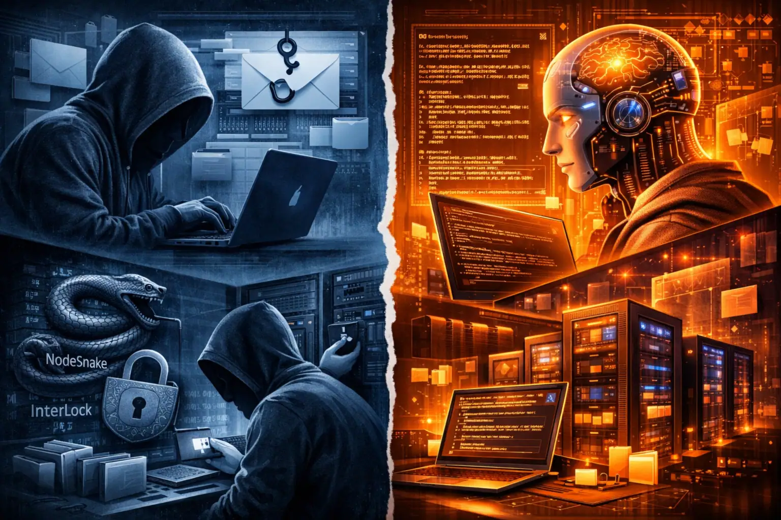 Два світи кібербезпеки: хакер і штучний інтелект за комп'ютерами.
