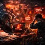 Zwei besorgte Männer in einem dunklen Raum vor einem Computer mit Sicherheitswarnungen.