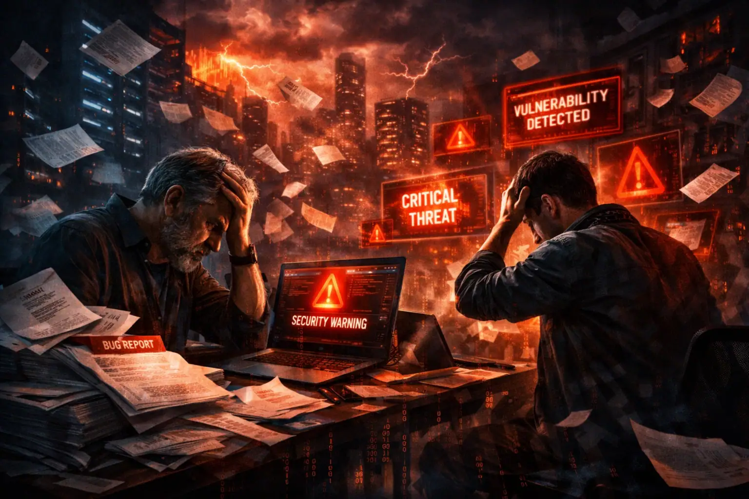 Two stressed men face security alerts on laptops amidst a chaotic, dark environment.