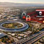 Aerial view of a tech campus with cybersecurity graphics overlaying the scene.