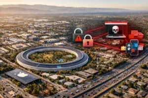 Aerial view of a tech campus with cybersecurity graphics overlaying the scene.