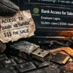 Nota con acceso a red bancaria sobre un teclado sucio y dispositivos USB.