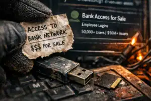 Note offering bank network access held above a USB drive on a cluttered keyboard.