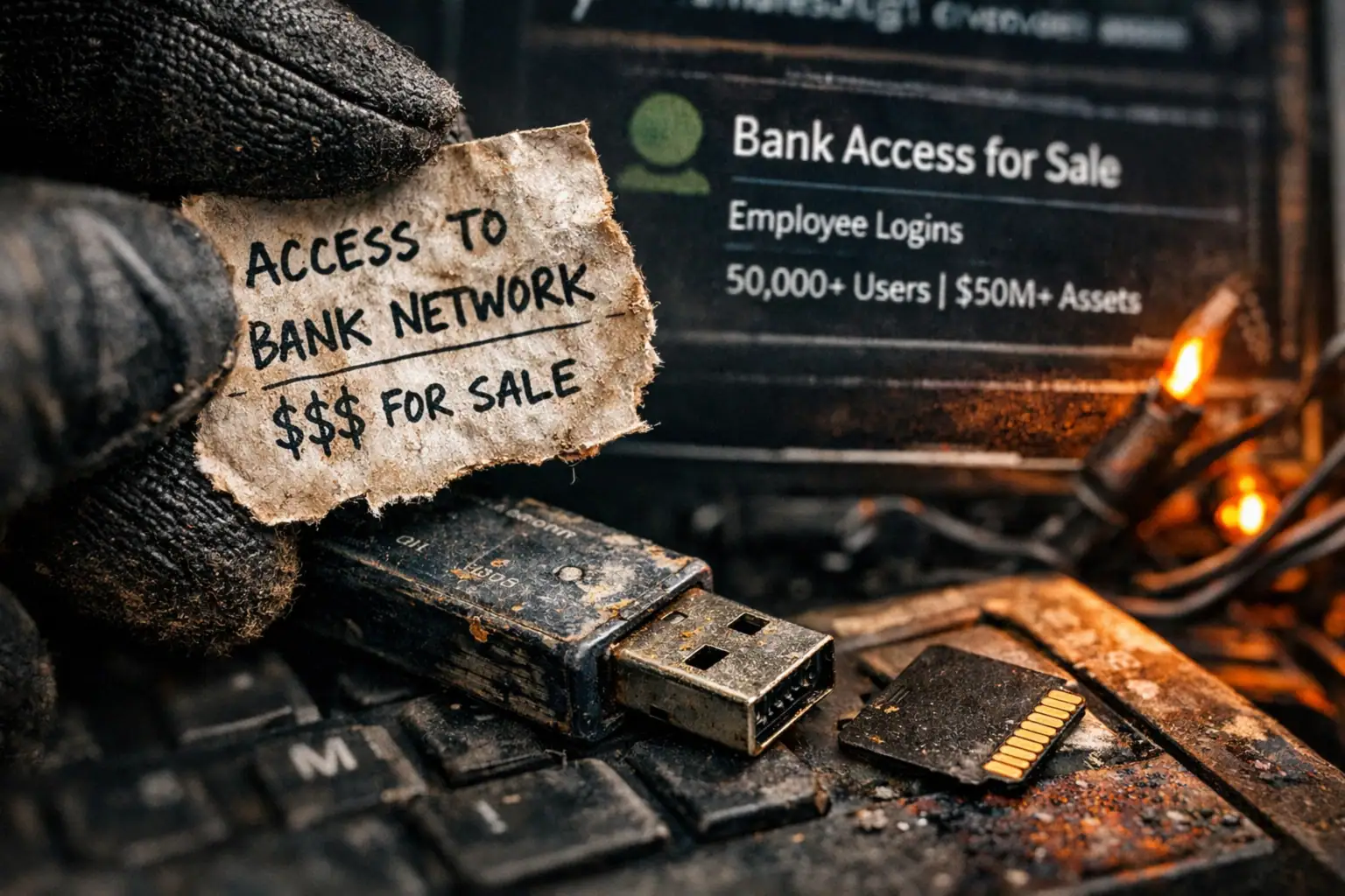 Note offering bank network access held above a USB drive on a cluttered keyboard.