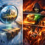 Dos mundos contrastantes con tecnología y paisaje romántico bajo una lupa.