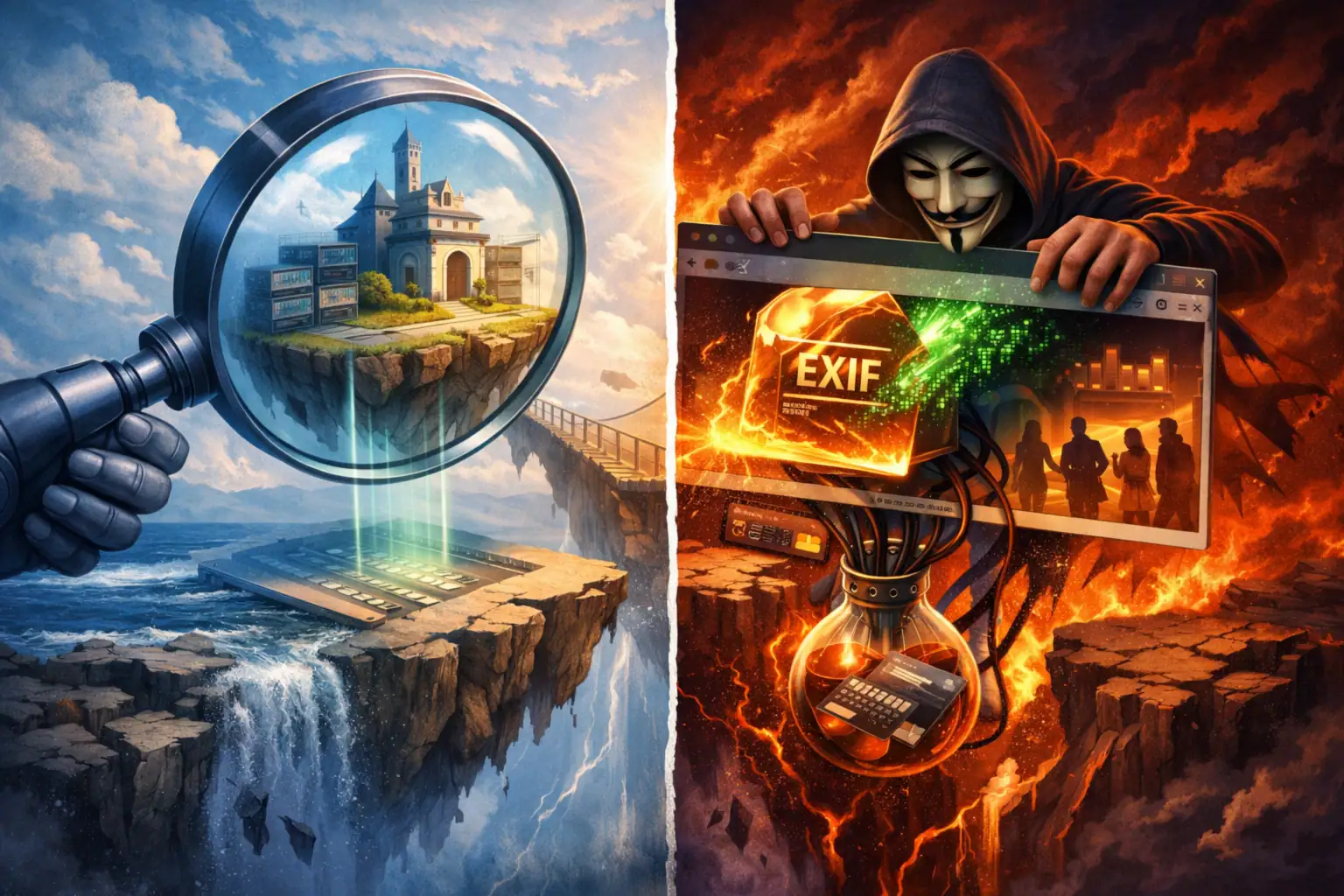 Dos mundos contrastantes con tecnología y paisaje romántico bajo una lupa.