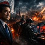 Мужчина в костюме на фоне разрушенного города и солдат за компьютерами.