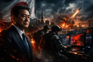 Tense scene with a leader watching soldiers operate amid chaos and explosions.