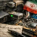 Computer hardware layout featuring a note, circuit board, and Iranian flag.