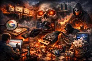 Dark digital art depicting a hacker's chaotic scene with skull and computer elements.