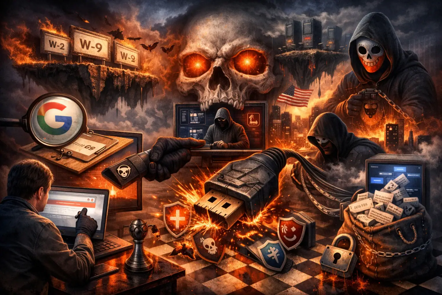 Dark digital art depicting a hacker's chaotic scene with skull and computer elements.