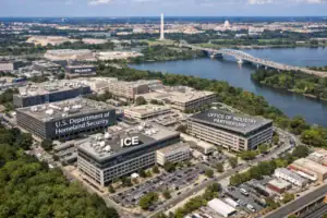 Aerial view of government buildings near the Potomac River and Washington Monument.