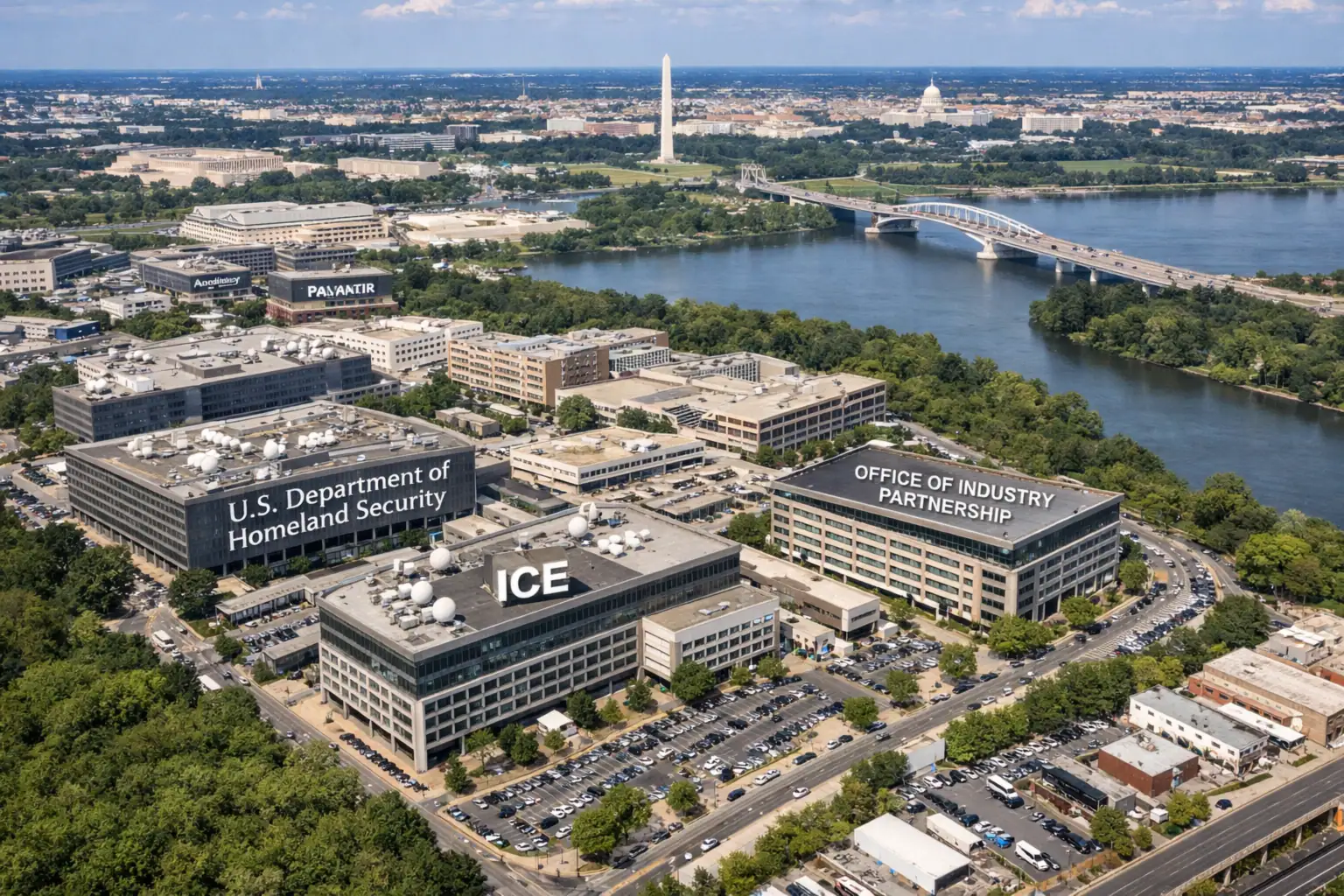 Vista aérea de oficinas gubernamentales en Washington D.C. junto al río.