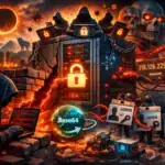 Grupos de hackers rodean un servidor con códigos y elementos de seguridad cibernética.