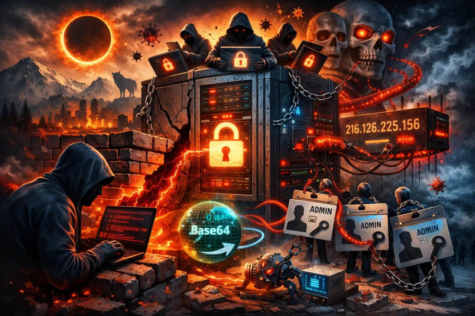 Grupos de hackers rodean un servidor con códigos y elementos de seguridad cibernética.