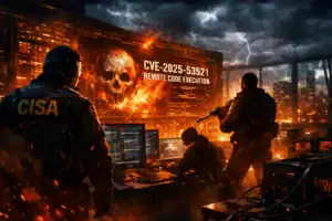 Krisensituation in einem cybertechnischen Umfeld mit Spezialisten und Bildschirmen.