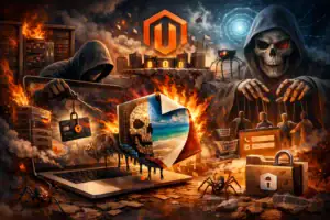 ** Dark digital landscape featuring hackers, data theft, and ominous imagery.