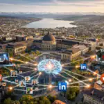 Aerial view of Zurich with a digital brain connecting social media icons and ETH.