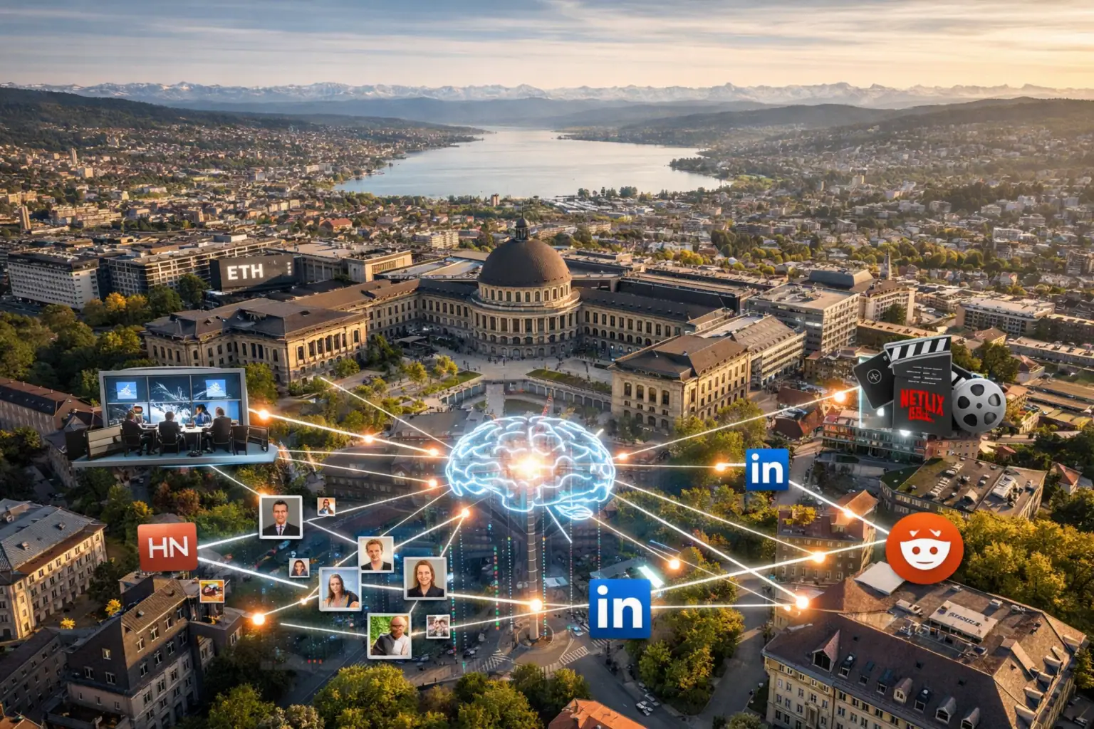 ** Vista aérea de Zurich con un cerebro digital y logotipos de redes sociales.