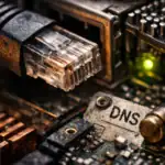 Conector Ethernet enchufado en una placa base con etiquetas y luces LED.