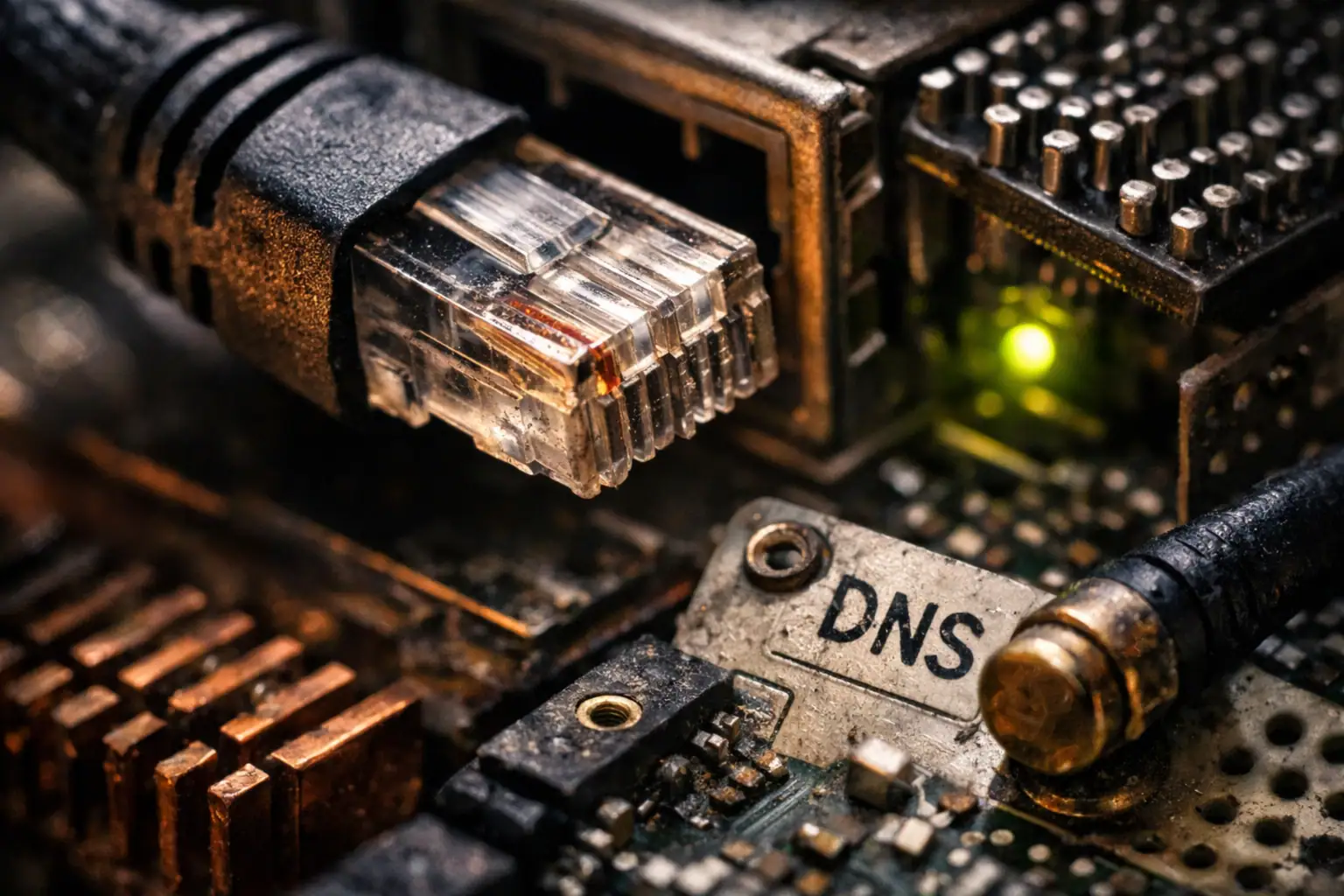 Nahaufnahme eines Ethernet-Kabels, das mit einer Router-Platine verbunden ist.