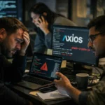 Team of programmers in a dark office resolving a coding emergency at their computers.