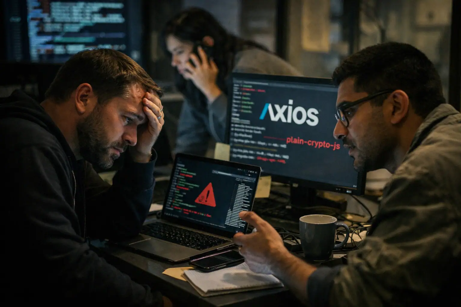 Team of programmers in a dark office resolving a coding emergency at their computers.