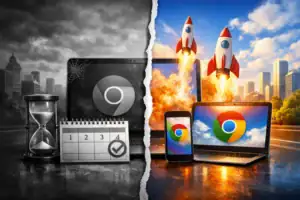 ** Split scene showcasing a transition from dark to bright technology and productivity.