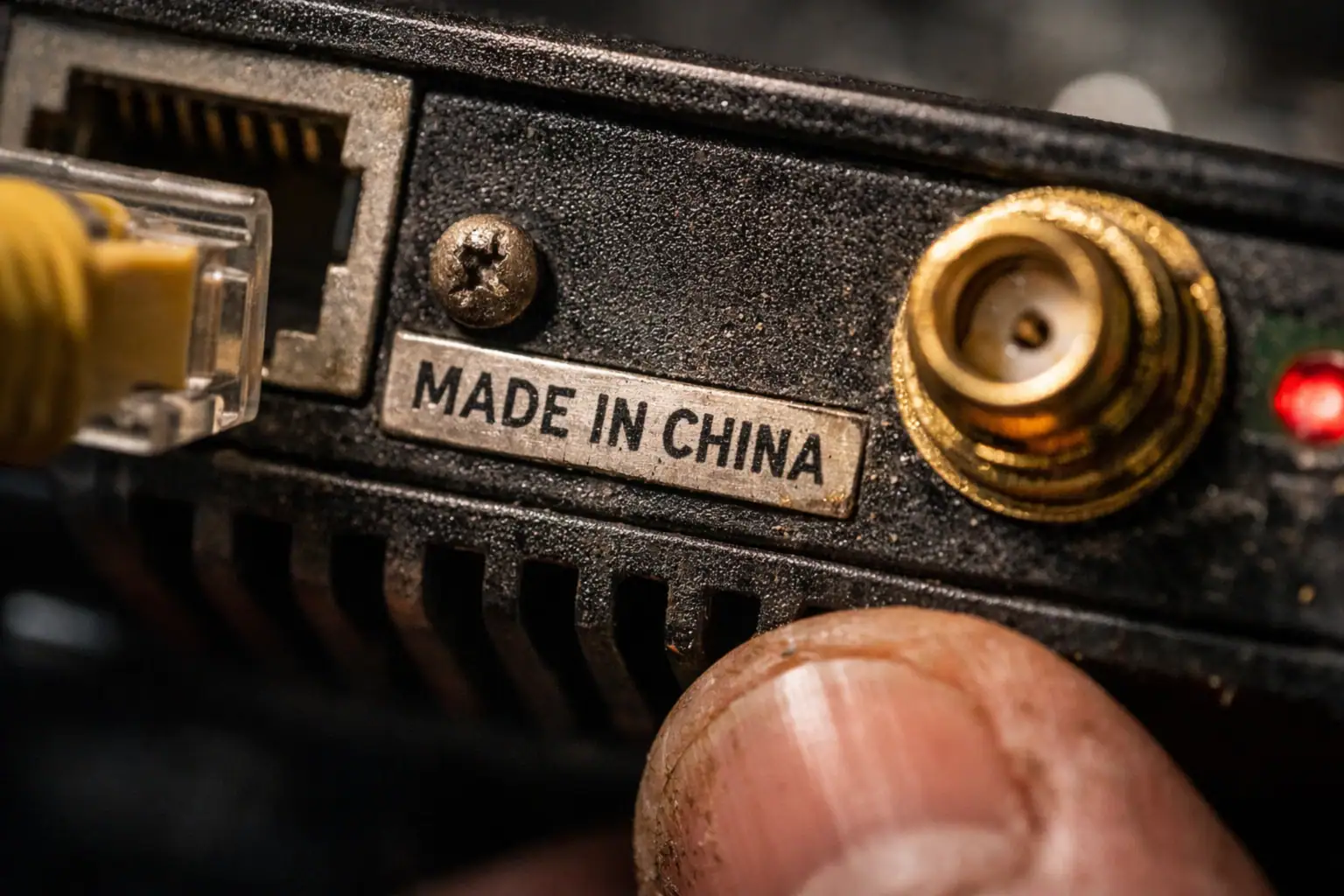 Close-up of electronic device showcasing a connection port and branding label.