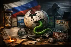 ** Wikipedia globe with a snake, Russian flag, and computer setup suggesting restricted access.