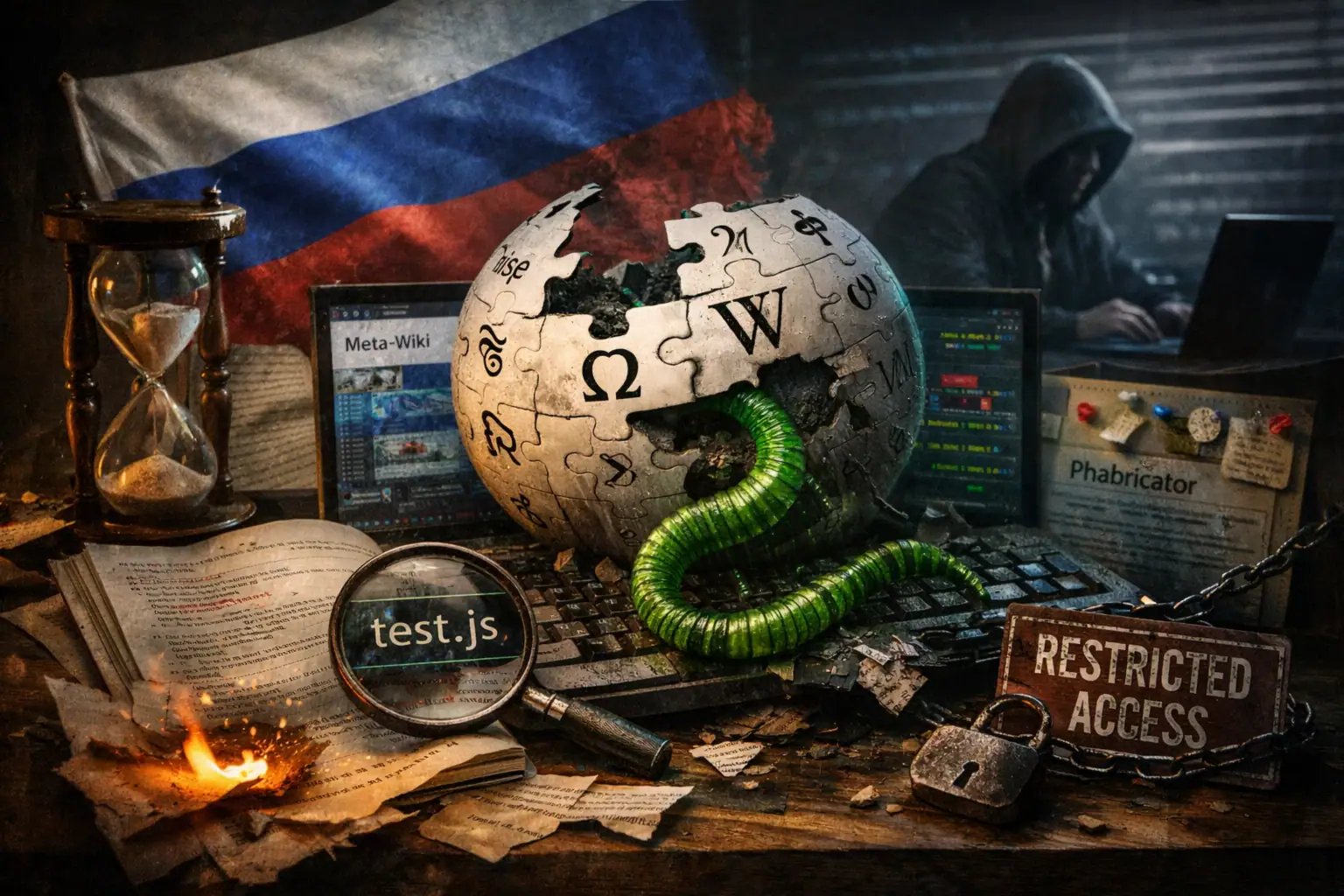 ** Wikipedia globe with a snake, Russian flag, and computer setup suggesting restricted access.