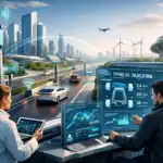 Специалисты анализируют данные в высокотехнологичном городском центре.