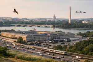 A panoramic view of Washington, D.C. with the Pentagon, river, and monuments.