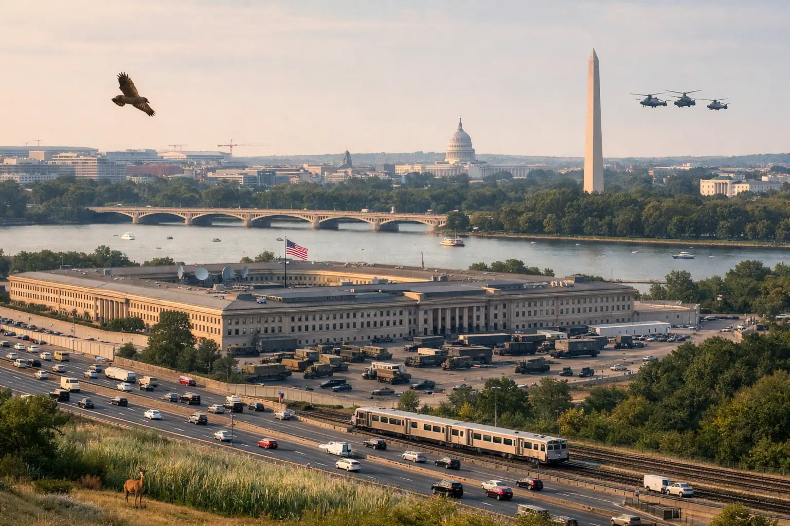 Vista aérea del Pentágono con el río Potomac y helicópteros volando.