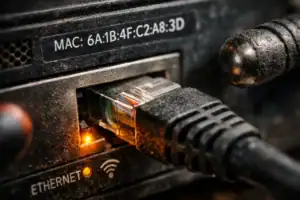 Close-up of a dusty Ethernet port with a connected cable and glowing indicator light.