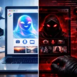 Kontraste zwischen sicherer und bedrohlicher digitaler Kommunikation.