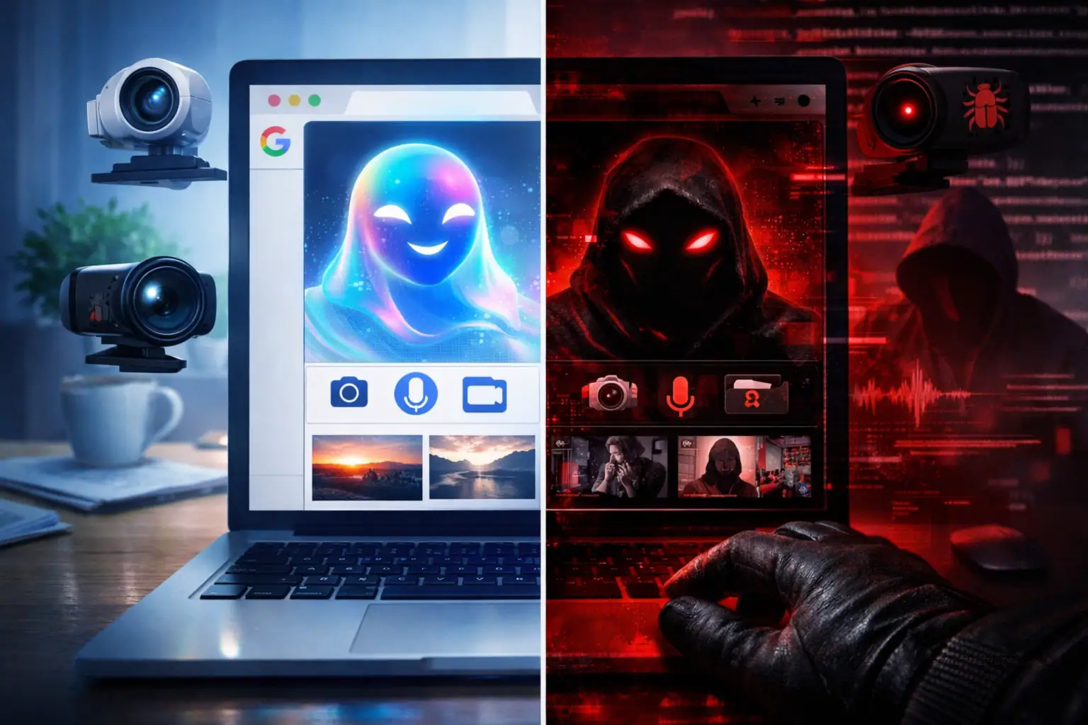 División de pantalla entre un asistente virtual amigable y un hacker amenazante.