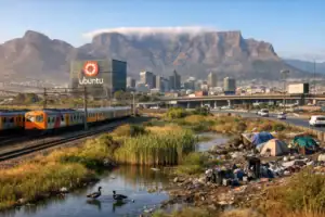 Urban scene with train, mountains, and a person near waste by water.