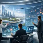 Personas analizando datos en un entorno futurista con pantallas holográficas.