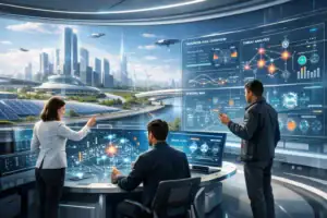 Personas analizando datos en un entorno futurista con pantallas holográficas.