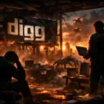 Scene in a dystopian room with figures, machines, and a fiery skyline.
