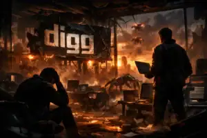 Scene in a dystopian room with figures, machines, and a fiery skyline.