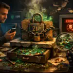 Man examines a locked box emitting green smoke in a dimly lit room.